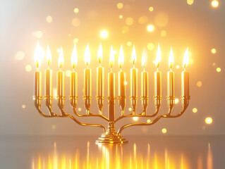 Fototapeta premium Futuristic Metallic Menorah with Glowing Hanukkah Candles: A Detailed Close-Up Illustration Showcasing Modern Elegance and High-Tech Aesthetics