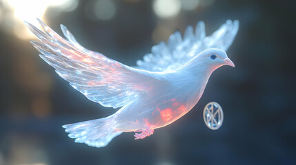 Obraz premium 3D Floating Holographic Dove with Glowing Human Rights Symbols Above for Peace and Equality - Isolated White Background with Copy Space