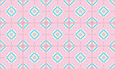 Fototapeta premium The design of the pattern imitates the ethnic embroidery of the Hmong tribe. It has a unique pattern in purple, pink, and pastel tones for use in designing clothes, blankets, wallpaper, and tiles.