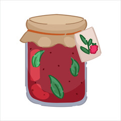 Jar of sweet raspberry jam on white background