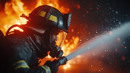 A firefighter battling flames with a hose, showcasing bravery and urgency in action.