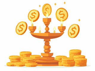 Flat Vector Illustration of Floating Hanukkah Gelt Coins and Dreidel in Spin, Defying Gravity on White Background - Perfect for Modern Infographics