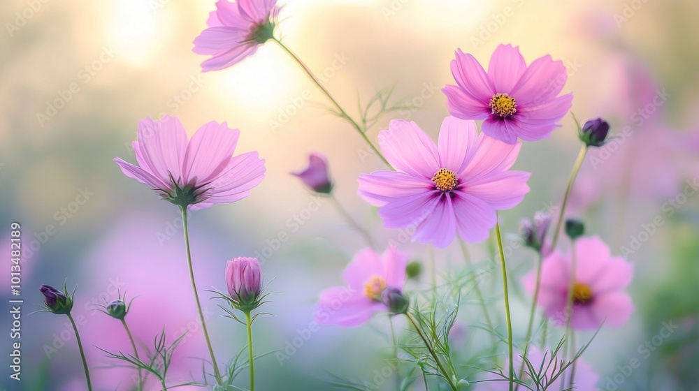 Wall mural Delicate Pink Cosmos Flowers in Soft Sunlight