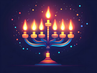 Flat Abstract Vector Illustration of Glowing Hanukkah Gelt and Menorah with Neon Accents on Vibrant Background for Modern Holiday Ecommerce Banners