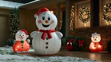 A snowy neighborhood with homes fully decorated with Christmas lights and inflatables