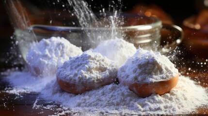 Wooden Bowls Filled with Flour, Creating a Snowy Cloud as It Falls from the Air, With a Blurred Glass Bowl in the Background