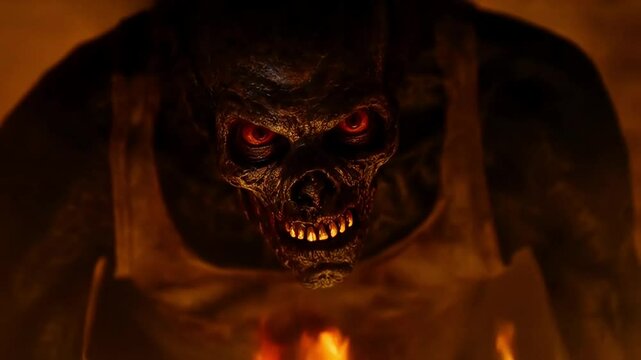Dark Zombie with horror eyes stare amd burn fire flame