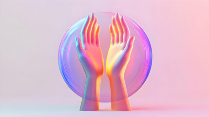 3D Holographic Human Rights Badge Icon with Floating Hands for Equality - Medium Shot on White Background, Ample Copy Space Below