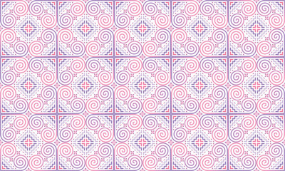 The design of the pattern imitates the ethnic embroidery of the Hmong tribe. It has a unique pattern in purple, pink, and pastel tones for use in designing clothes, blankets, wallpaper, and tiles.