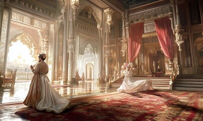 Two women in ornate dresses in a palace.