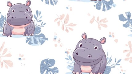 Cute hippos on a floral pattern background.