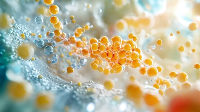 3D Illustration of Nutrient Absorption, showcasing yellow spheres representing nutrients being absorbed into a cell's membrane, with a detailed background representing the cellular environment.