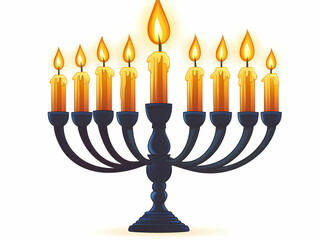 Obraz premium Flat Flying Menorah with Glowing Candles: Gravity-Defying Design for Modern Hanukkah Celebrations - Futuristic Vector Illustration on White Background