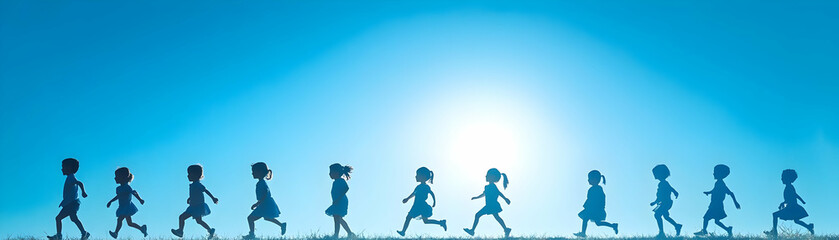 Obraz premium Plain Light Blue Background with Silhouettes of Children Playing - Concept for Children�s Rights and Equality with Copy Space for Messages on Human Rights Day