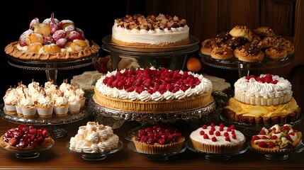 Thanksgiving dessert table filled with pies, cakes, and seasonal treats, with autumn leaves as decoration