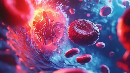 Fototapeta premium 3D Illustration of Red Blood Cells Traveling Through a Blood Vessel, Capturing the Dynamic Flow of Nutrients and Oxygen Throughout the Body