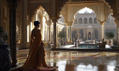 Two women in a luxurious palace courtyard.