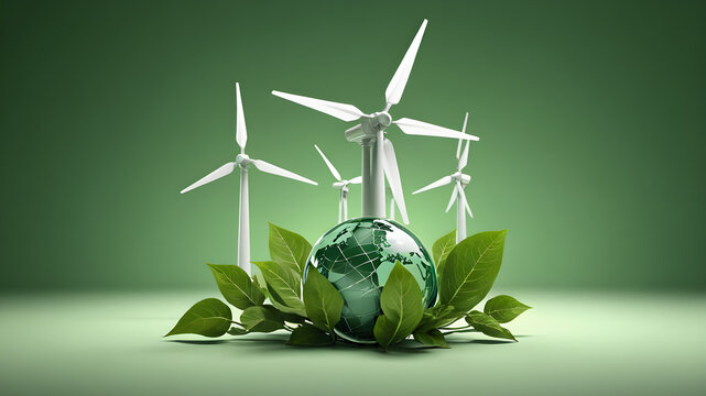 Sustainable greeen energy. Solar and wind turbines farm.  Solar, wind power. AI generated image, ai.