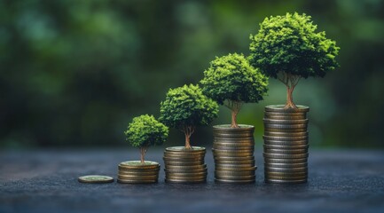 Trees growing on stacks of coins, symbolizing economic growth and sustainability.