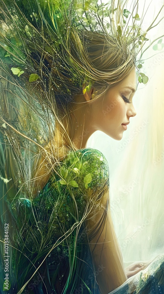 Poster exploring the connection between nature and inner wisdom through a serene female figure