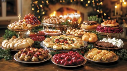 Fototapeta premium Traditional Hanukkah feast with latkes, sufganiyot, and other holiday dishes placed on a beautifully set table