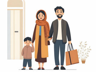 Flat Candid Shot of Refugee Family Arriving at New Home, Symbolizing Hope, Safety, and Human Rights - Emotional Wide Shot with Smiling Members