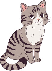 Obraz premium Smiling Gray Tabby Cat Sitting - Cute Striped Feline with a Relaxed and Happy Expression