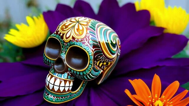 Decorative skull surrounded by colorful blooming flowers