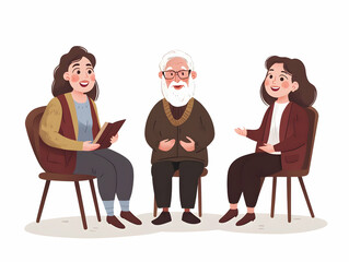 Fototapeta premium Heartwarming Flat Vector Illustration of Grandparents Sharing Hanukkah Stories with Enchanted Children - A Candid Family Moment Capturing Curiosity and Connection