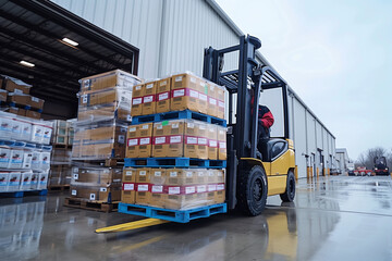 Naklejka premium worker in warehouse. portrait of a worker in a factory. forklift in warehouse. forklift truck in warehouse. AI Generated