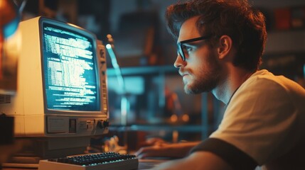 Side View Of Caucasian Male Software Engineer Programming on Old Desktop Computer In Retro Garage. Focused Man Starting Tech Startup Company In Nineties. Coding Innovative Online Service At