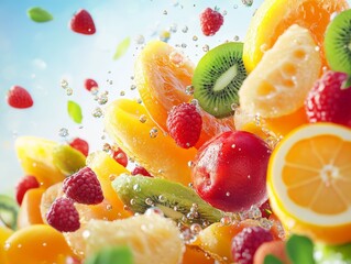 A Vibrant Splash of Fresh Fruit, Bursting with Vitamins and Nutrients, Perfect for Health and Wellness Concepts