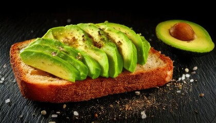 Avocado toast with sliced avocado on bread, isolated on dark stone background.