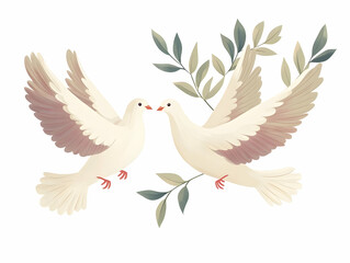 Obraz premium Flat Vector Illustration of Two Floating Doves with Olive Branches Isolated on White Background Symbolizing Peace and Freedom for Human Rights Day