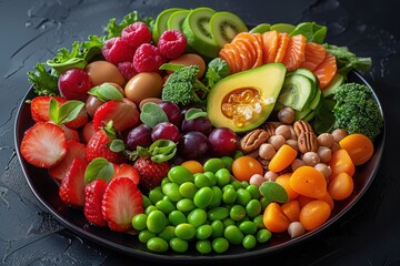A colorful plate of strawberries, avocado, fresh greens, kiwi, and other fresh fruits and vegetables, artistically arranged for a healthy meal.

