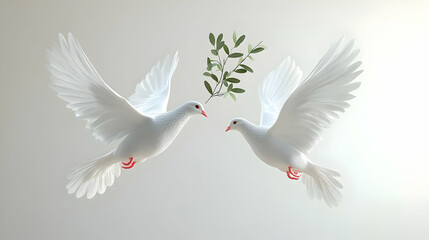 3D Floating Doves with Olive Branches Isolated on White Background Symbolizing Peace and Freedom for Human Rights Day