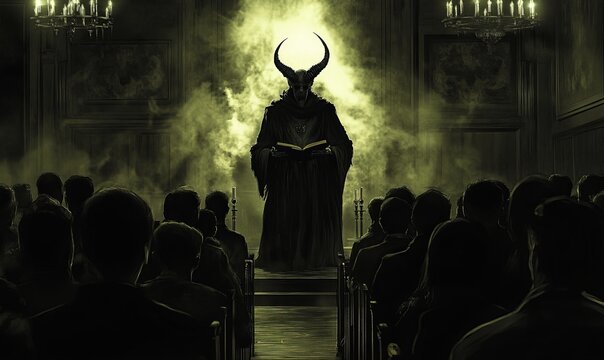 Devil preacher in a dark church.