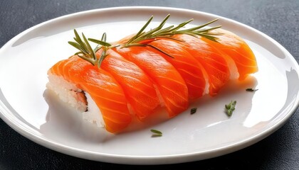 Fresh sushi with salmon slices and herbs on a white plate, dark background.