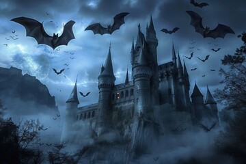 Gothic castle with bats flying in the sunset sky, creating a spooky atmosphere