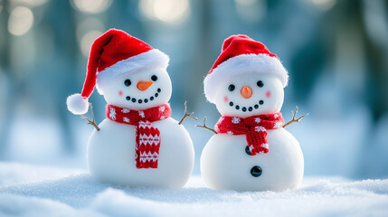 Two cute snowmen wearing a santa suit and scarves standing on the white snowy ground, with a blurred blue background of a winter forest. Christmas card concept