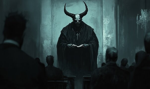 Horned demon preaches to dark congregation.