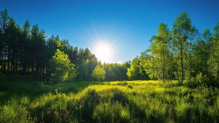 Obraz premium Serene Meadow with Trees and Bright Sunlight