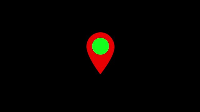 Animated red and green color GPS track location symbol on black background. Location mark flat animation on background.