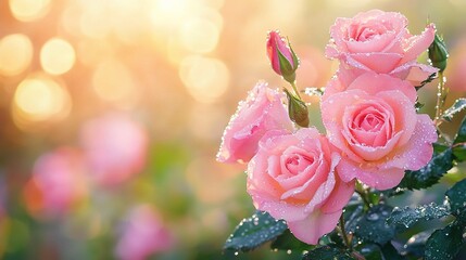 Obraz premium Beautiful Pink Roses with Dew in Soft Light Background