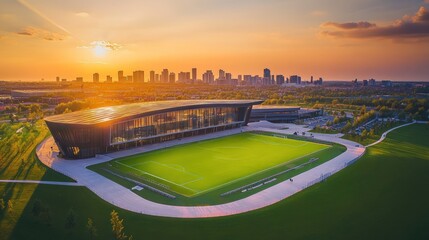 Modern sports complex with soccer field at sunset.
