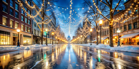 Fototapeta premium Festive Urban Winter Scene: Glossy Ice-Covered City Street with Twinkling Lights and Clear Copy Space for Seasonal Promotions - Wide Angle Shot