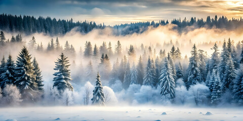 Obraz premium Atmospheric Winter Landscape: Plain Snowy Forest with Rising Mist | Unique Copy Space for Text | Foggy and Mysterious Scene in Photo Stock