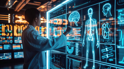 A scientist interacts with a futuristic digital interface displaying a human skeleton and medical data. The high-tech environment highlights advanced medical research, diagnostics, and AI integration.