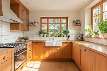 Light wooden home kitchen interior with cooking cabinet, sink and stove, Generative AI
