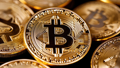 Close-up of shiny golden Bitcoin coins on a black background.